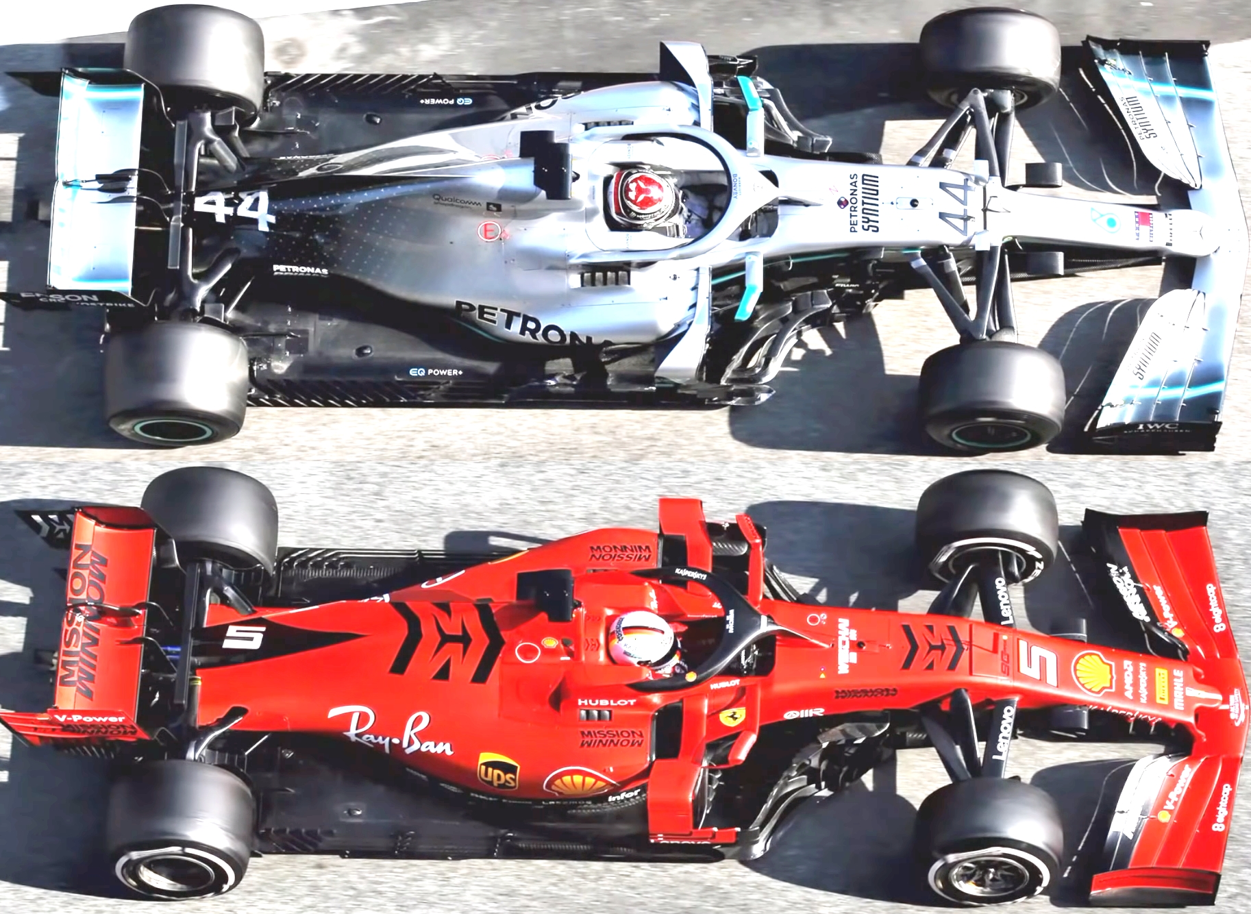 The Mercedes and Ferrari at F1 2019 testing.