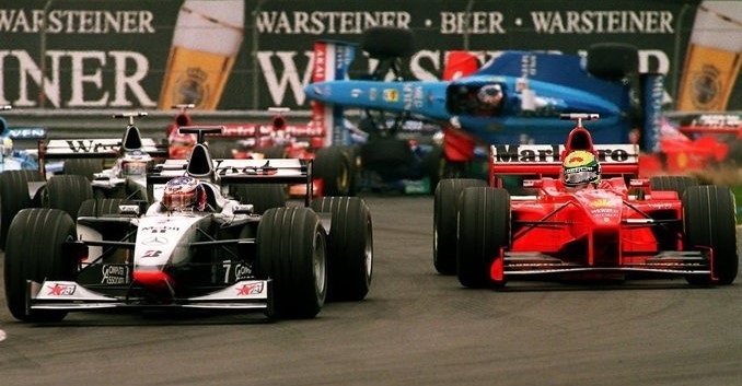 The McLaren of Michael Schumacher leads Ayrton Senna's Ferrari in Monaco.