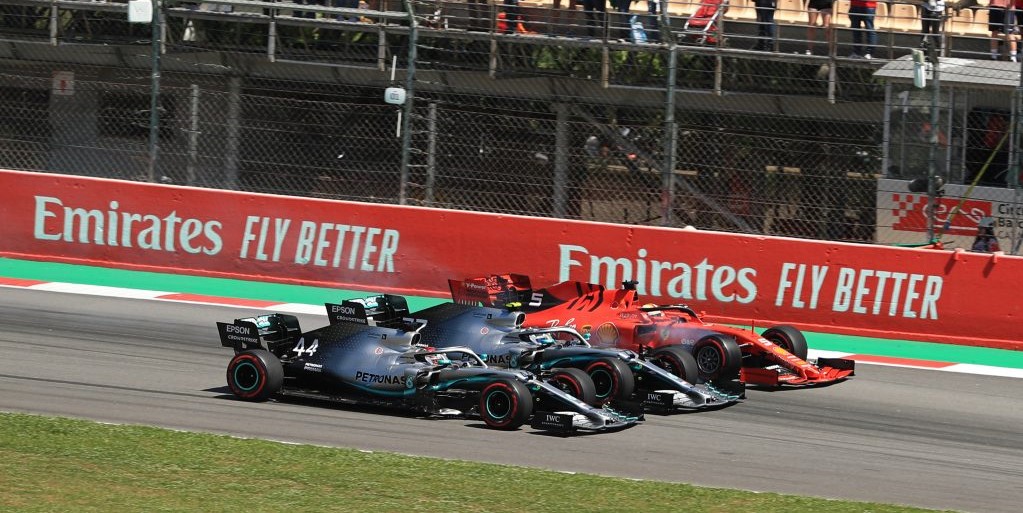 Lewis Hamilton, Valtteri Bottas and Sebastian Vettel go three wide into the first corner of the 2019 Spanish Grand Prix.