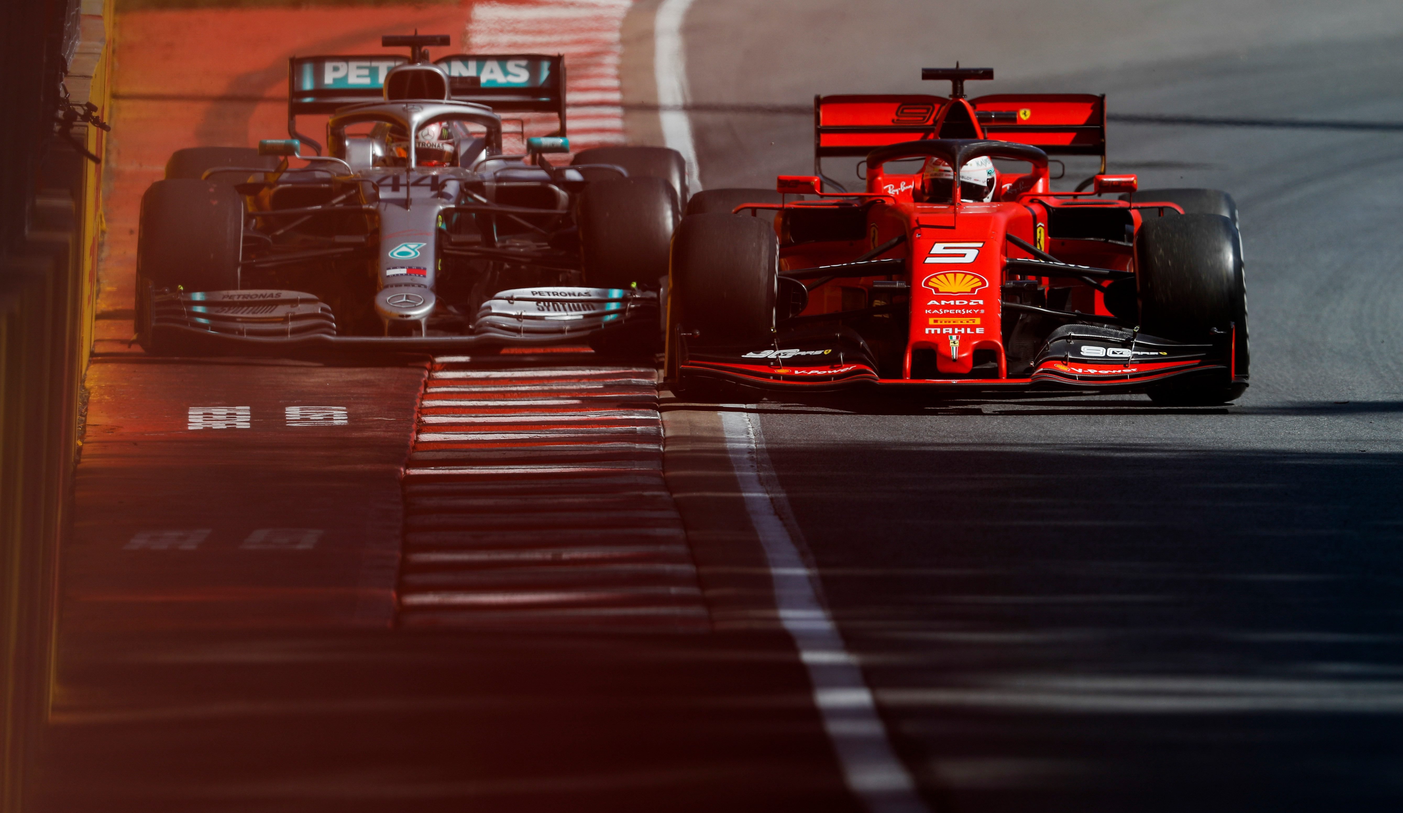 Sebastian Vettel and Lewis Hamilton at the 2019 Canadian Grand Prix.