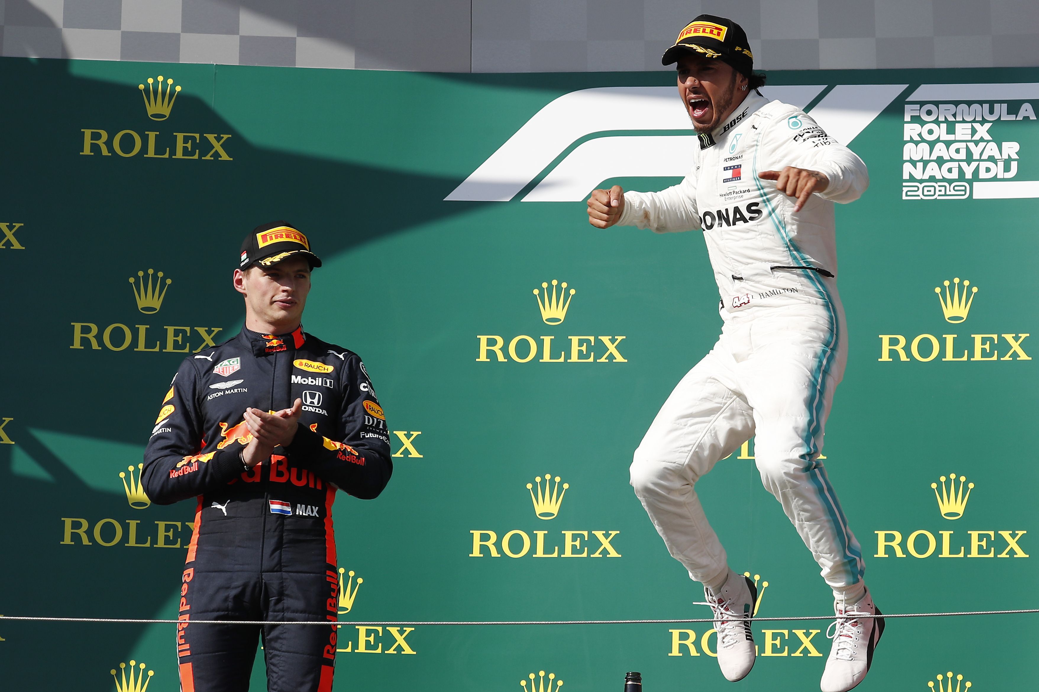 Lewis Hamilton celebrates winning the Hungarian Grand Prix.