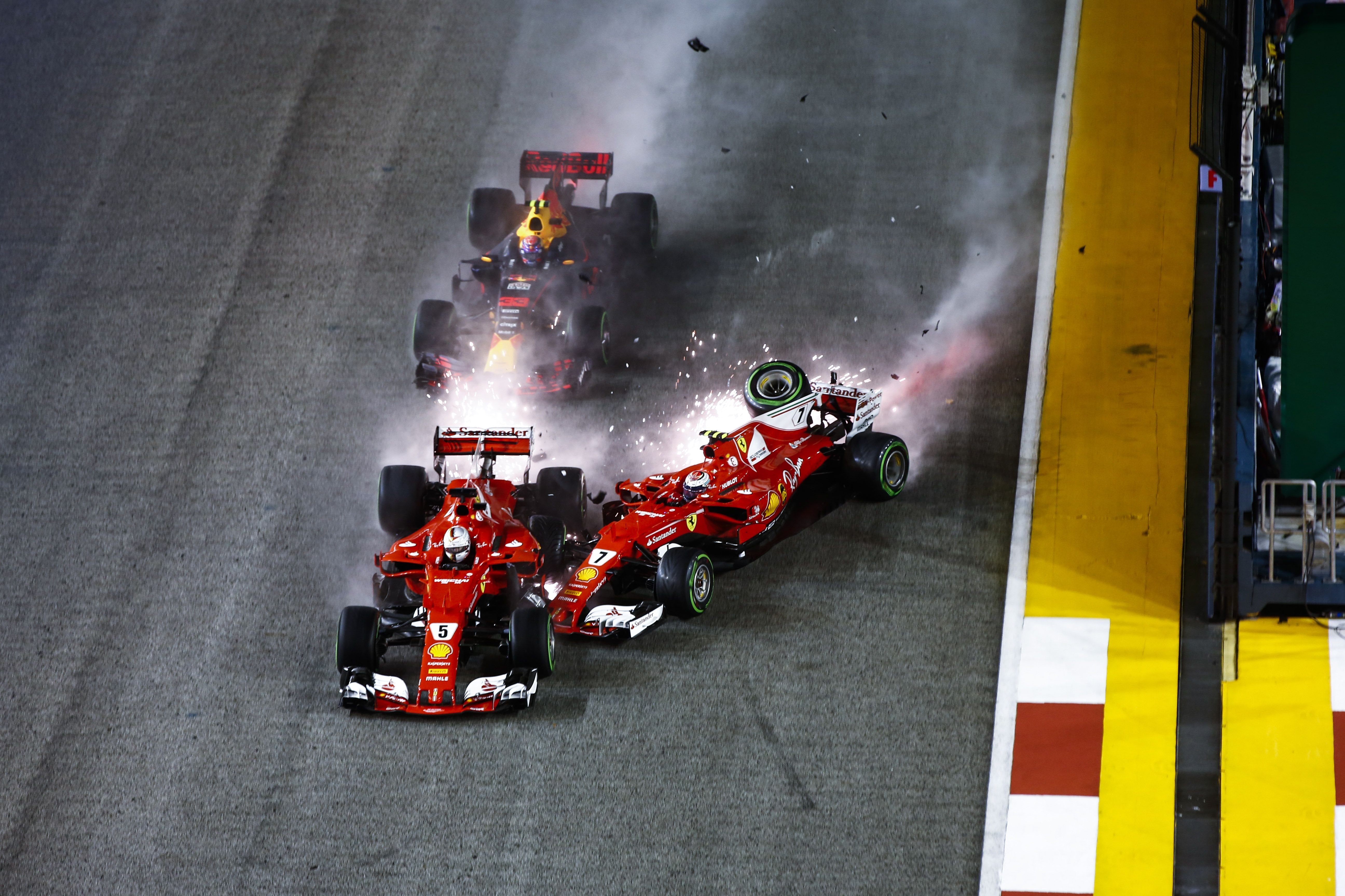 The Ferraris and Max Verstappen collide at the 2017 Singapore Grand Prix.