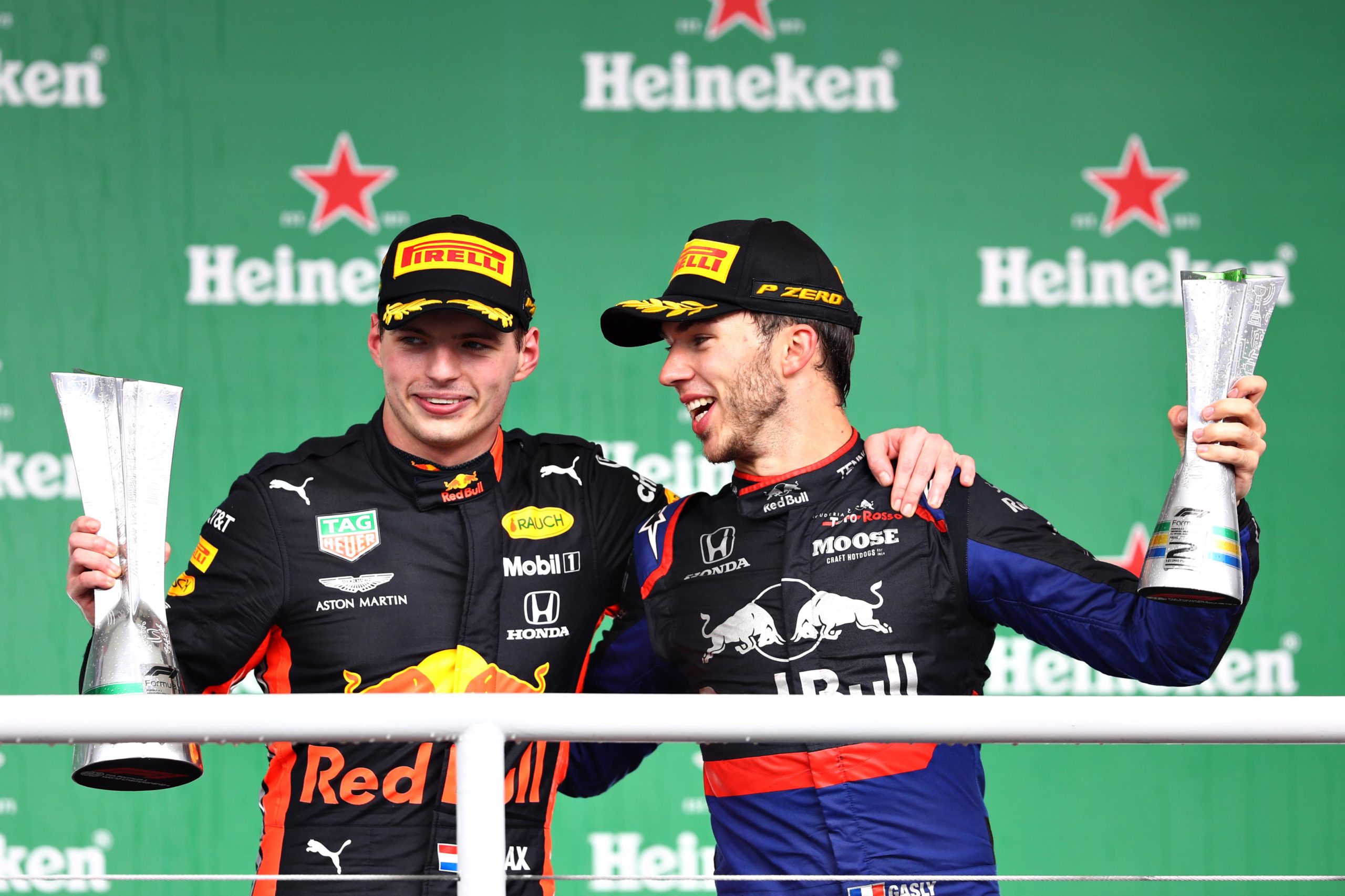 Max Verstappen and Pierre Gasly on the Brazilian Grand Prix podium.