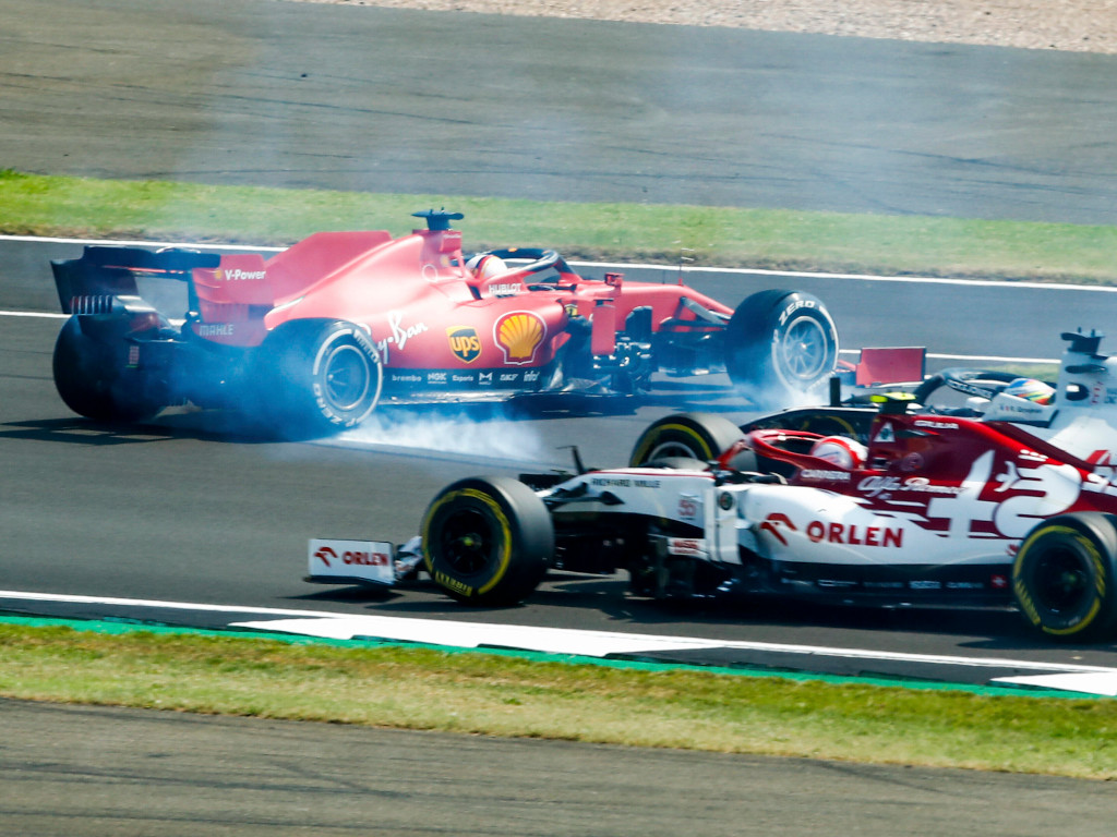Sebastian Vettel spins at the 70th Anniversary Grand Prix.