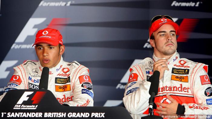 Lewis Hamilton and Fernando Alonso during their tense season as McLaren Formula 1 teammates.
