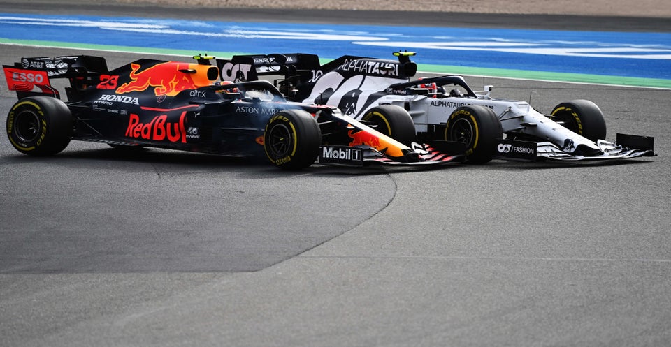 Alexander Albon and Pierre Gasly battle at the Eifel Grand Prix.
