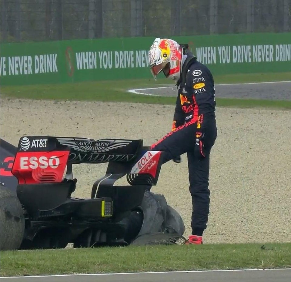 Max Verstappen shows his frustration after retiring from the Emilia Romagna Grand Prix.