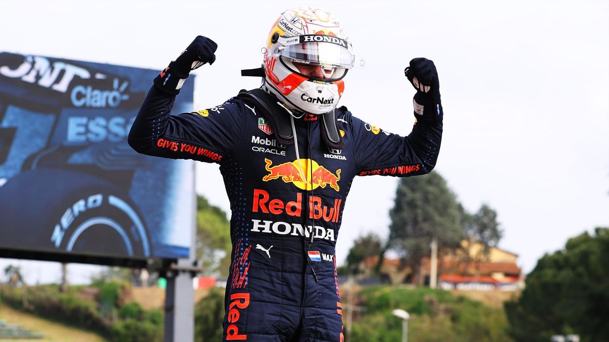 Max Verstappen celebrates winning the Emilia Romagna Grand Prix.