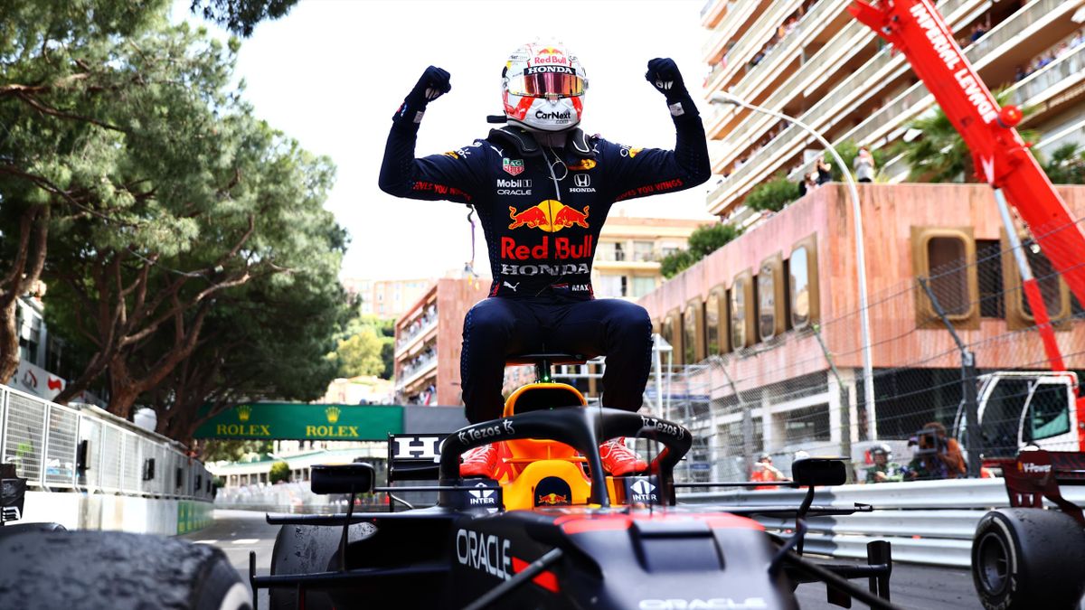 Max Verstappen celebrates winning the Monaco Grand Prix.