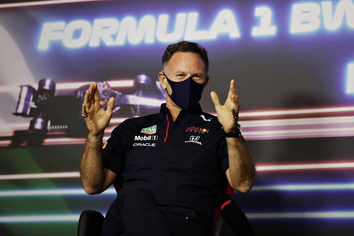 Christian Horner at a press conference.