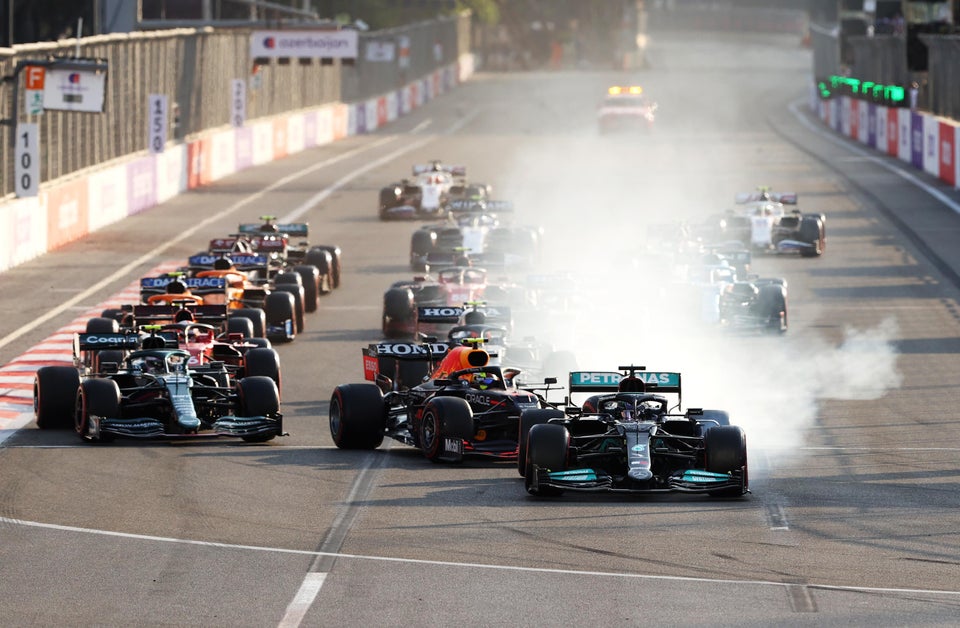 Lewis Hamilton locks up into the first corner.