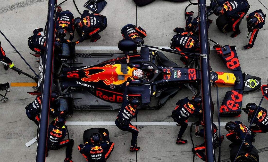 An overhead shot of a Red Bull pit stop.