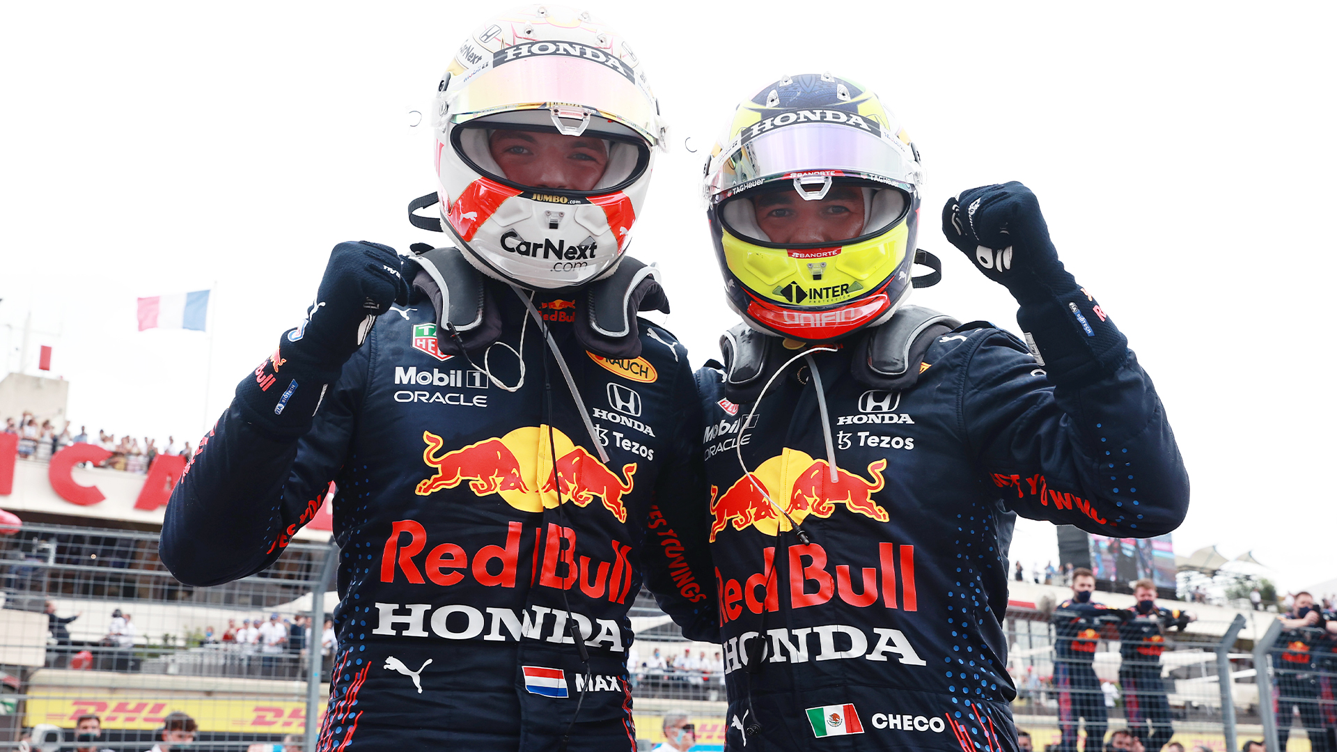 Max Verstappen and Sergio Pérez celebrate a double Red Bull podium at the French Grand Prix.