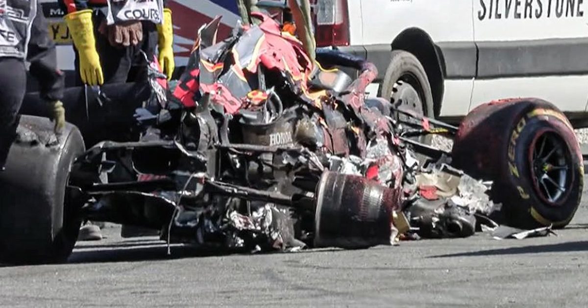 The wreckage of Max Verstappen's Red Bull.