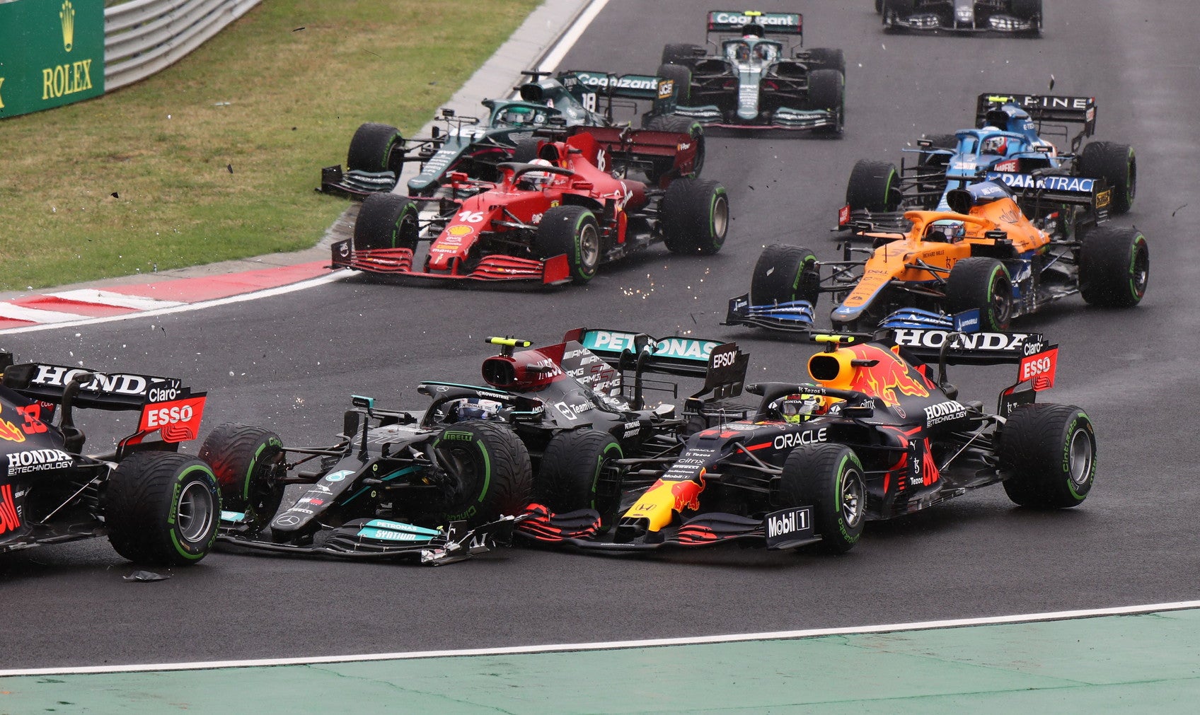 Carnage at the first corner of the Hungarian Grand Prix.