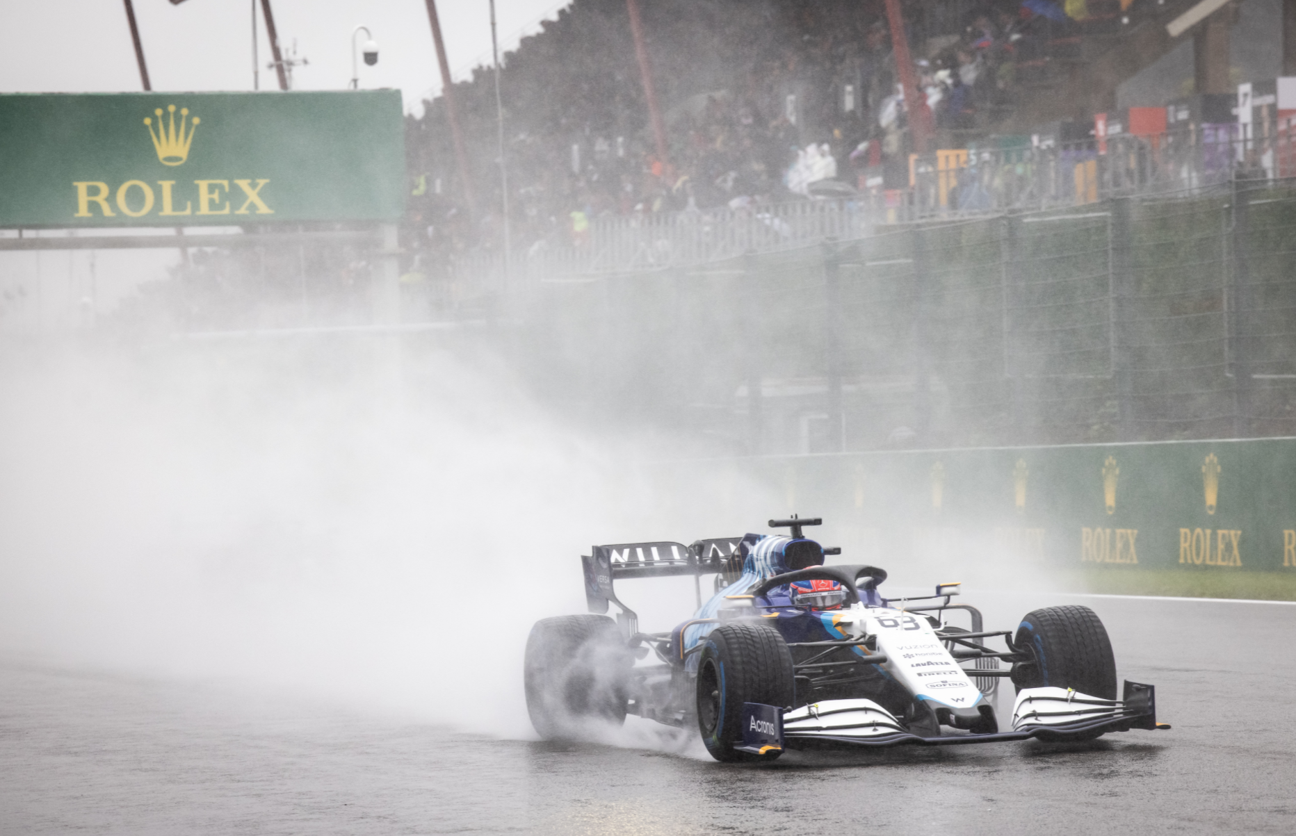 George Russell at the soaking wet Belgian Grand Prix.